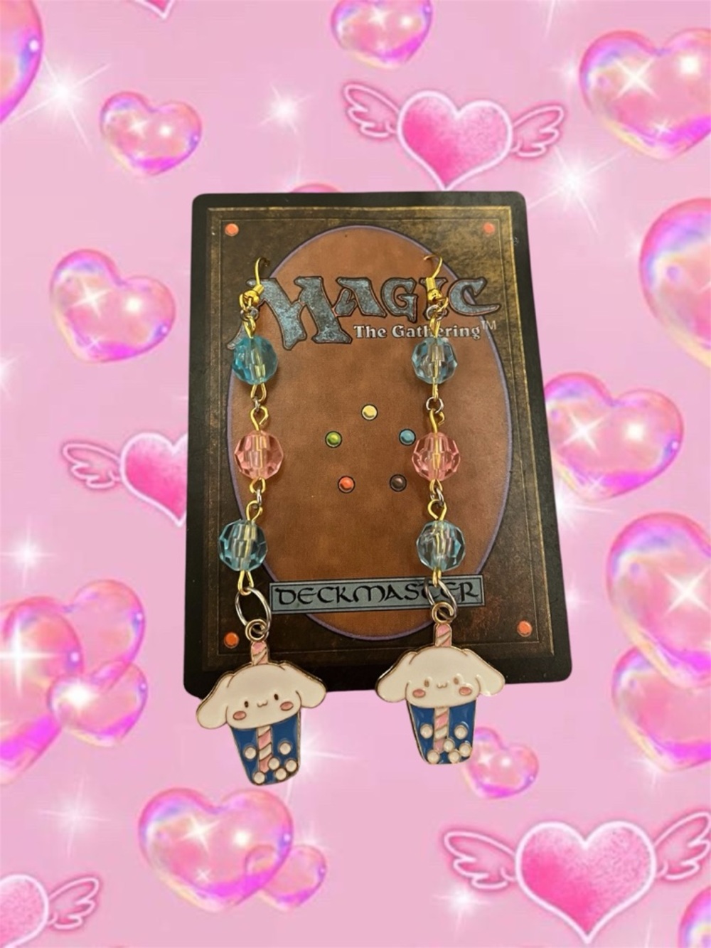 Cute Kawaii Cup  Cinamaroll Character Dangle Earrings - Pink & Blue Beads